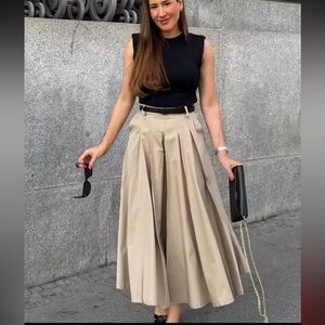 Zara belted cotton dress with pleated skirt NWT